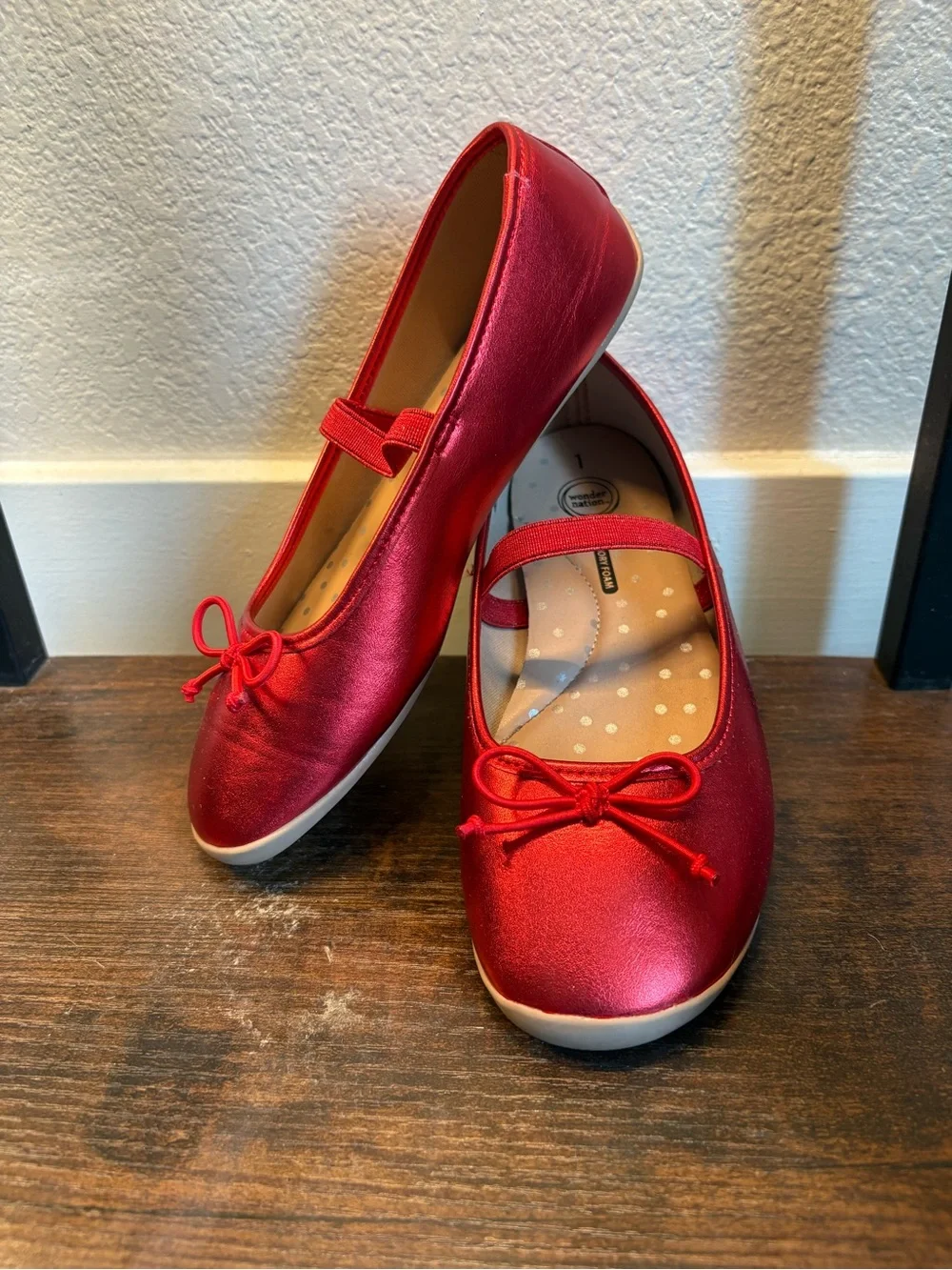 wonder nation Red Girls' Shiny Mary Jane Flats with Bow